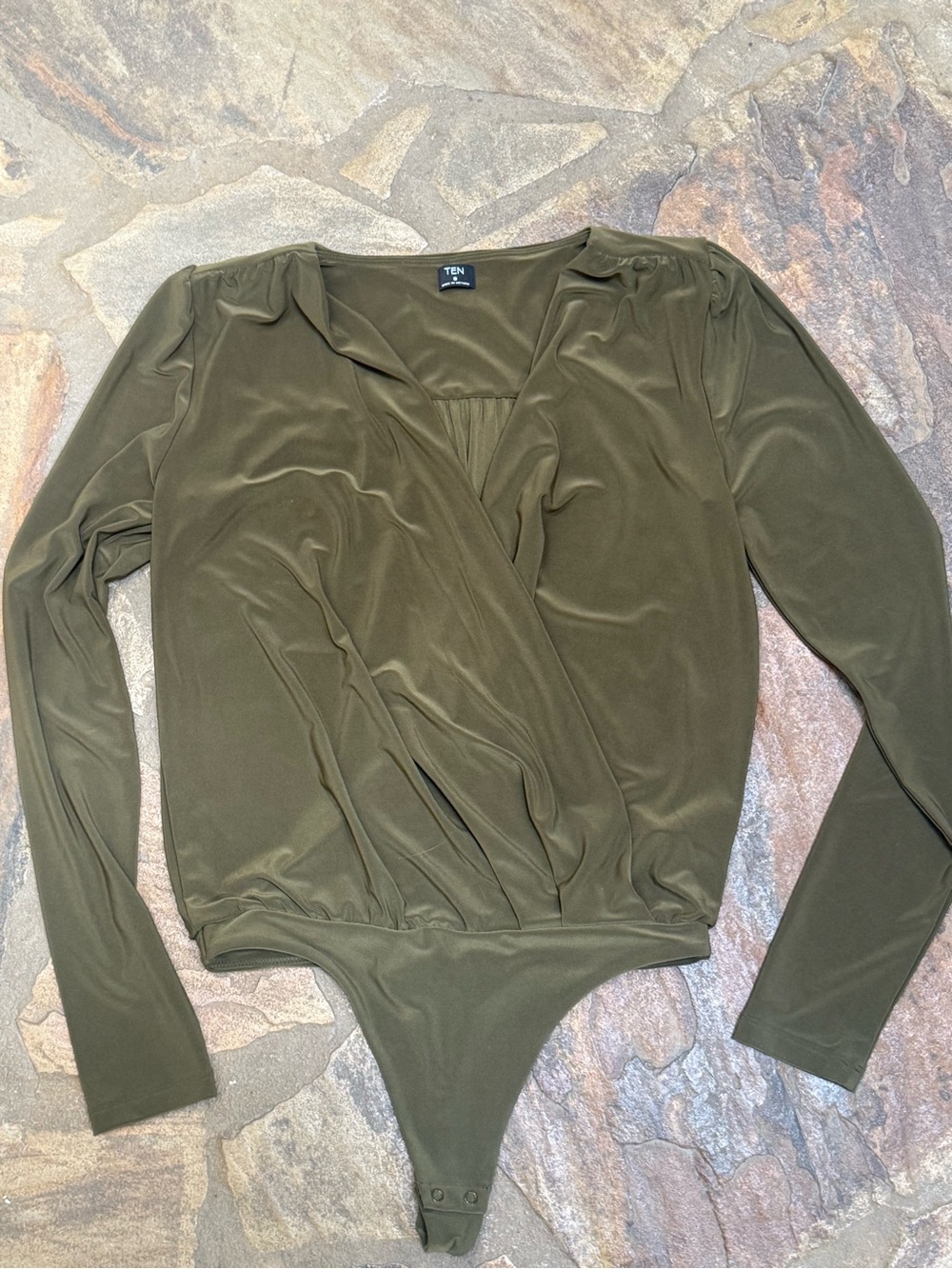 TEN Olive Green Surplice Wrap Long Sleeve Bodysuit Size Small